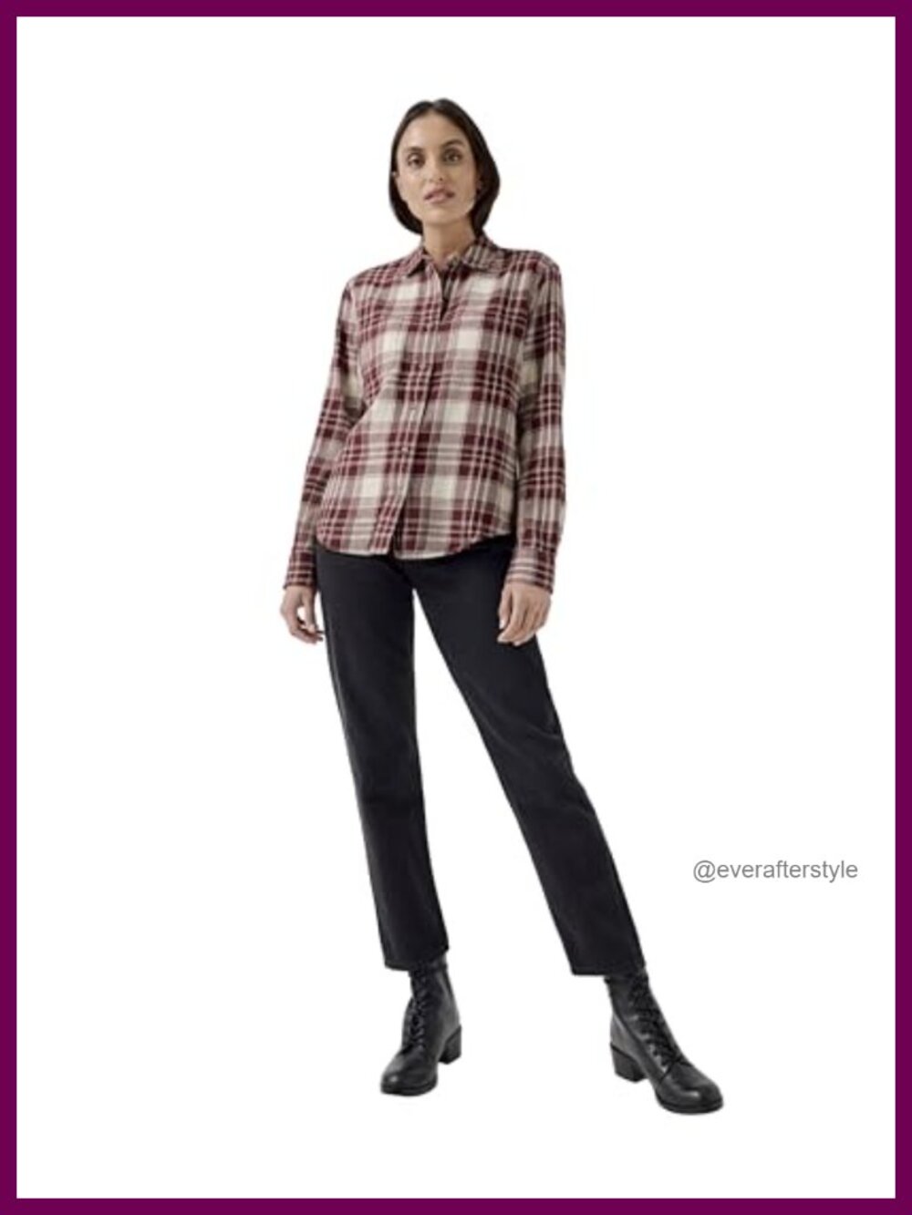 Organic Cotton Flannel Button-Up Shirt Relaxed Fit Plaid Womens